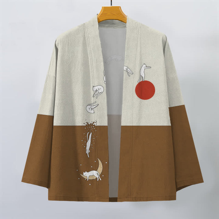 Buddha Stones Kimono da uomo in cotone con motivo a gatti, sole e mezzaluna, aperto sul davanti. - image 7