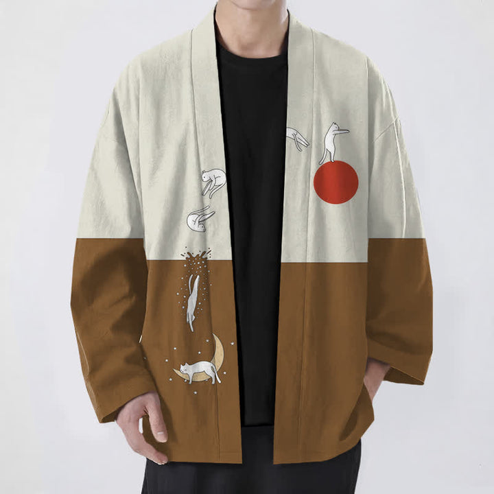 Buddha Stones Kimono da uomo in cotone con motivo a gatti, sole e mezzaluna, aperto sul davanti. - Perù - US/UK/AU48, EU58 (4XL) - image 6