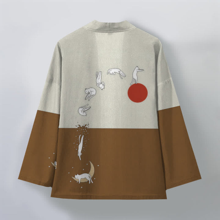 Buddha Stones Kimono da uomo in cotone con motivo a gatti, sole e mezzaluna, aperto sul davanti. - image 8