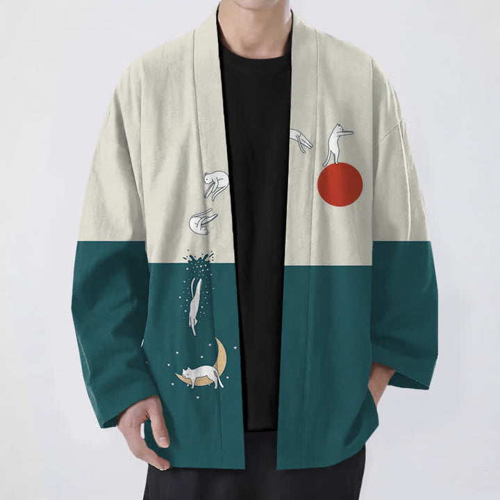 Buddha Stones Kimono da uomo in cotone con motivo a gatti, sole e mezzaluna, aperto sul davanti. - Verde acqua - US/UK/AU48, EU58 (4XL) - image 9