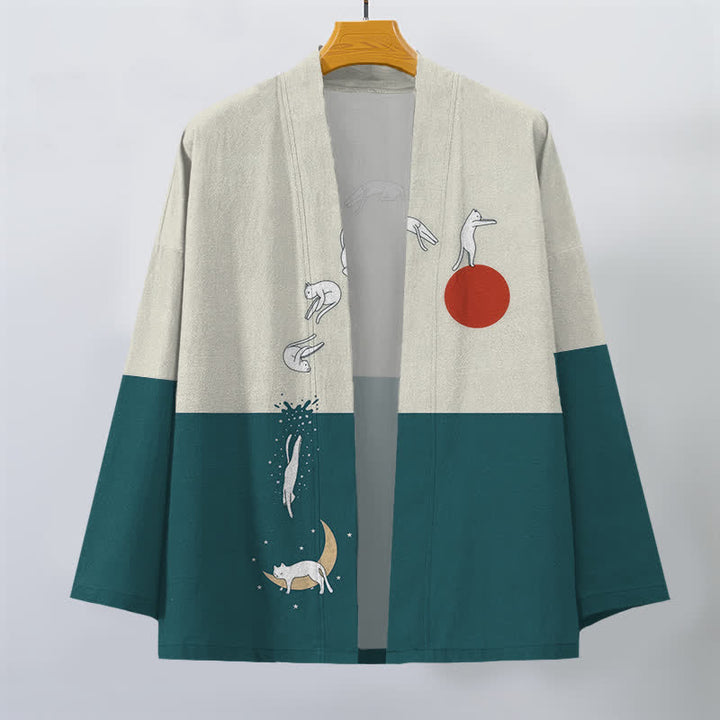 Buddha Stones Kimono da uomo in cotone con motivo a gatti, sole e mezzaluna, aperto sul davanti. - image 10
