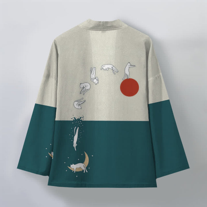 Buddha Stones Kimono da uomo in cotone con motivo a gatti, sole e mezzaluna, aperto sul davanti. - image 11