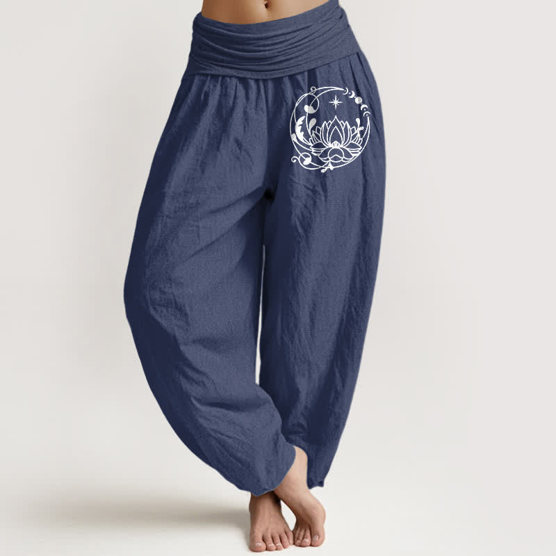 Buddha Stones Pantaloni harem da donna in puro cotone con motivo a cerchi di loto zen e vita elasticizzata. - Blu ardesia scuro - US16, UK/AU20, EU48 (3XL) - image 0