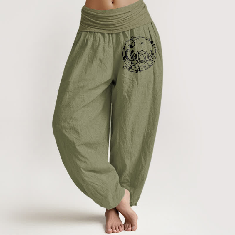 Buddha Stones Pantaloni harem da donna in puro cotone con motivo a cerchi di loto zen e vita elasticizzata. - Verde oliva - US16, UK/AU20, EU48 (3XL) - image 14