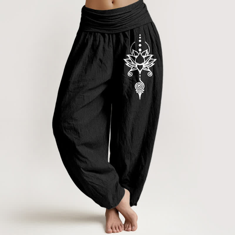 Buddha Stones Pantaloni harem da donna in puro cotone con motivo geometrico Zen Lotus e vita elasticizzata. - Nero - US16, UK/AU20, EU48 (3XL) - image 5