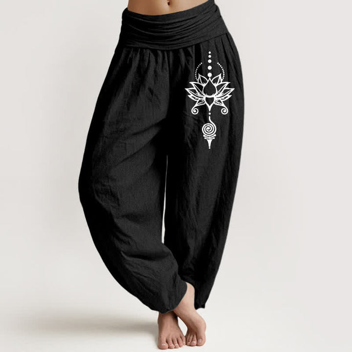 Buddha Stones Pantaloni harem da donna in puro cotone con motivo geometrico Zen Lotus e vita elasticizzata. - Nero - US16, UK/AU20, EU48 (3XL) - image 5