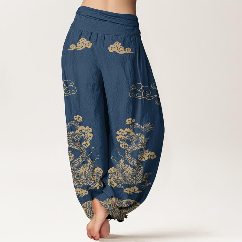 Buddha Stones Pantaloni harem da donna in cotone con motivo vintage a spirale di drago e nuvole, con elastico in vita. - image 2