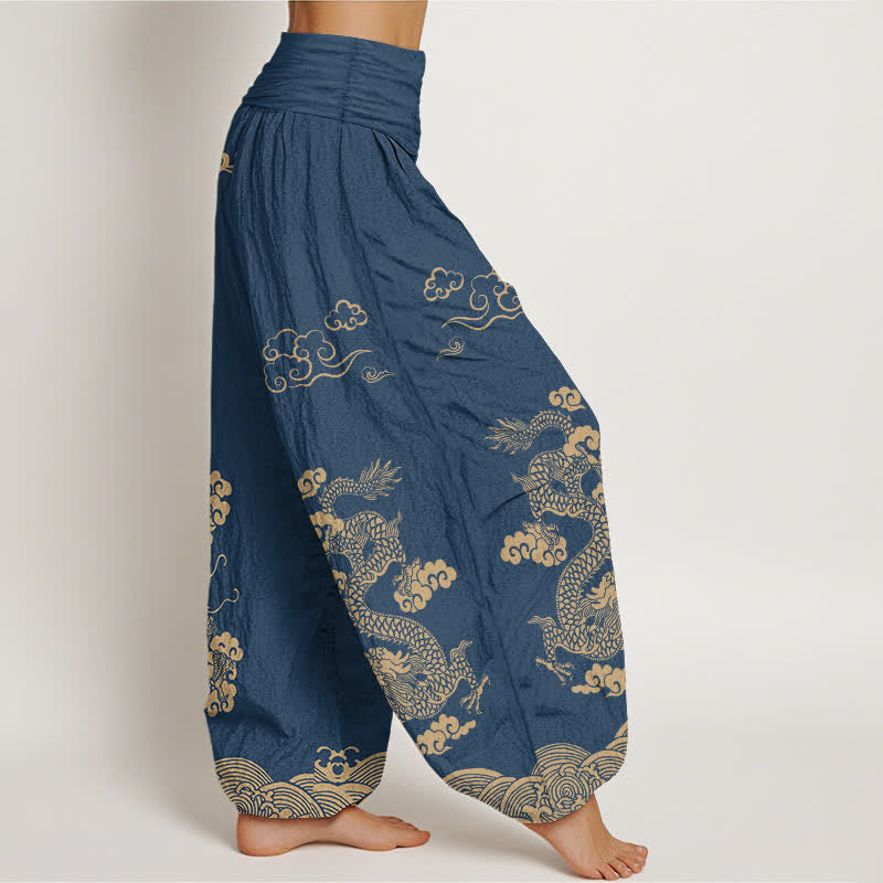 Buddha Stones Pantaloni harem da donna in cotone con motivo vintage a spirale di drago e nuvole, con elastico in vita. - image 1
