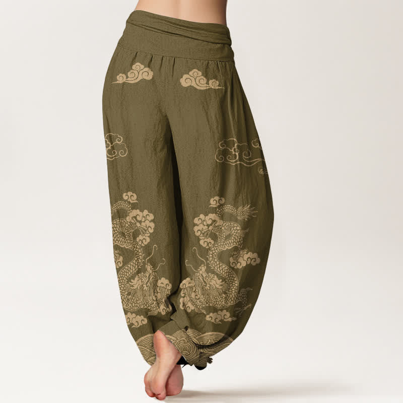 Buddha Stones Pantaloni harem da donna in cotone con motivo vintage a spirale di drago e nuvole, con elastico in vita. - image 7