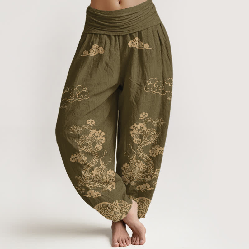 Buddha Stones Pantaloni harem da donna in cotone con motivo vintage a spirale di drago e nuvole, con elastico in vita. - Cachi scuro - US16, UK/AU20, EU48 (3XL) - image 5