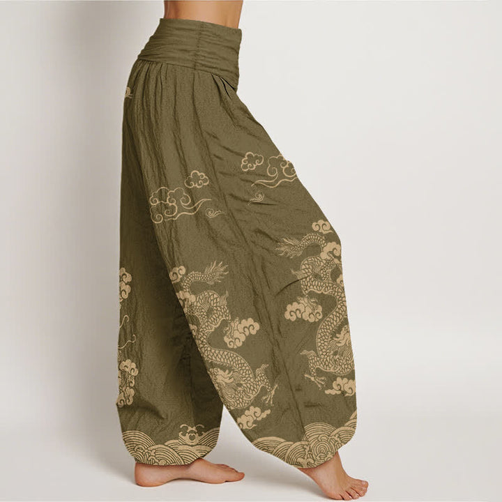 Buddha Stones Pantaloni harem da donna in cotone con motivo vintage a spirale di drago e nuvole, con elastico in vita. - image 6