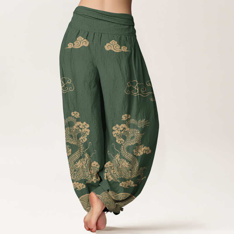 Buddha Stones Pantaloni harem da donna in cotone con motivo vintage a spirale di drago e nuvole, con elastico in vita. - image 10