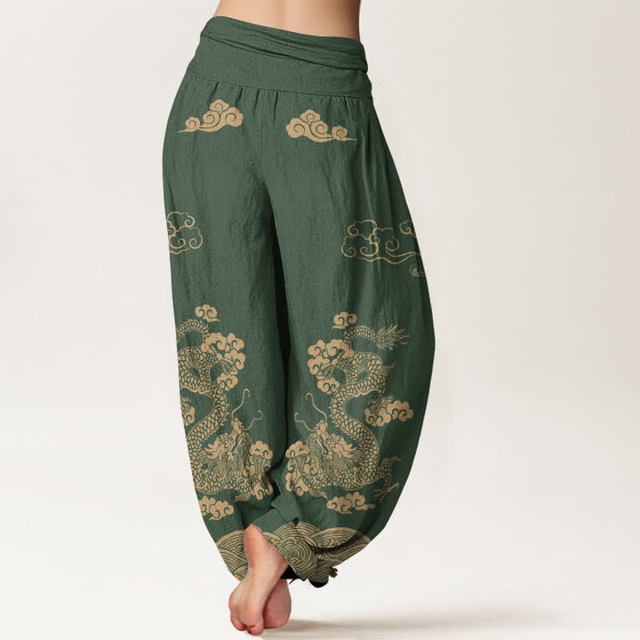 Buddha Stones Pantaloni harem da donna in cotone con motivo vintage a spirale di drago e nuvole, con elastico in vita. - image 10