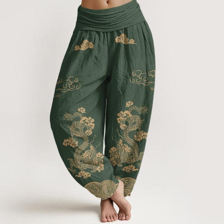 Buddha Stones Pantaloni harem da donna in cotone con motivo vintage a spirale di drago e nuvole, con elastico in vita. - Verde scuro - US16, UK/AU20, EU48 (3XL) - image 8
