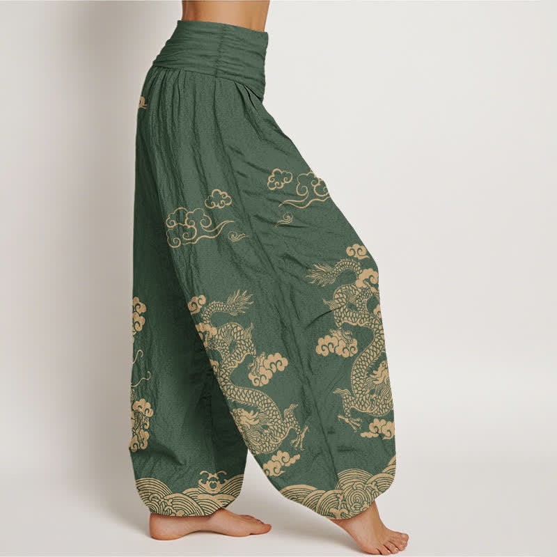 Buddha Stones Pantaloni harem da donna in cotone con motivo vintage a spirale di drago e nuvole, con elastico in vita. - image 9