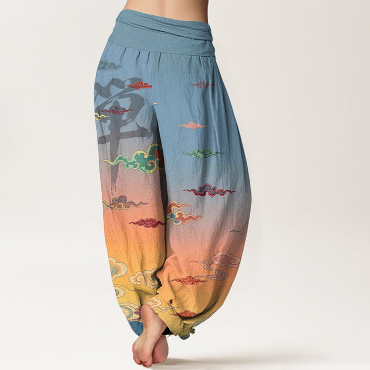 Buddha Stones Pantaloni harem da donna in cotone con motivo Zen Oriental Cloud Wash e vita elasticizzata - image 2
