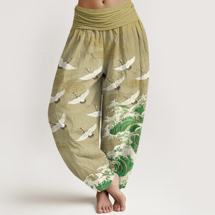 Buddha Stones Pantaloni harem da donna in cotone bianco con motivo a onde marine e gru, con elastico in vita. - Verga d'oro pallida - US16, UK/AU20, EU48 (3XL) - image 5