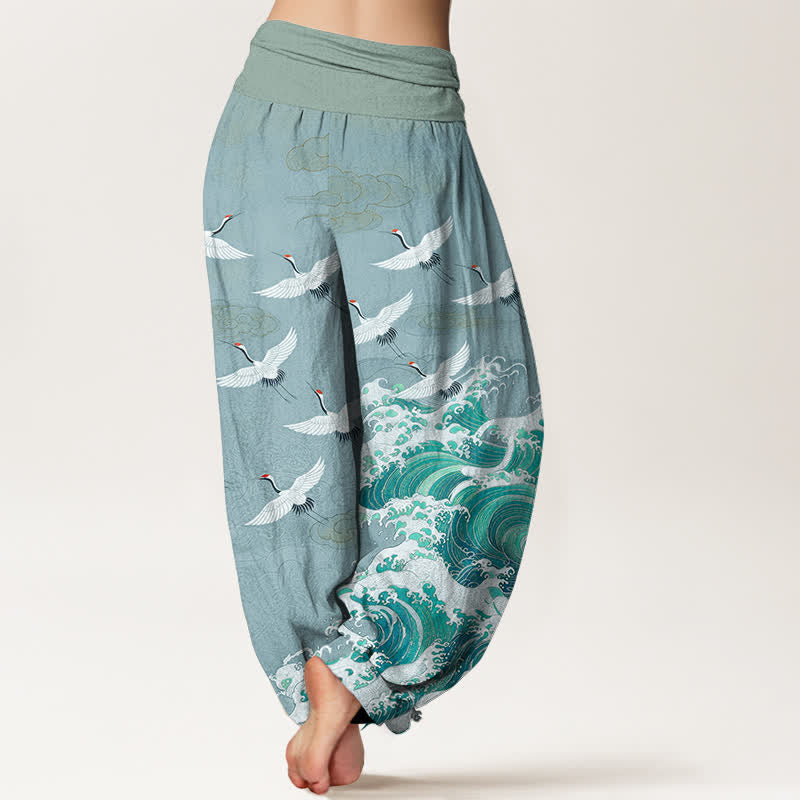 Buddha Stones Pantaloni harem da donna in cotone bianco con motivo a onde marine e gru, con elastico in vita. - image 10