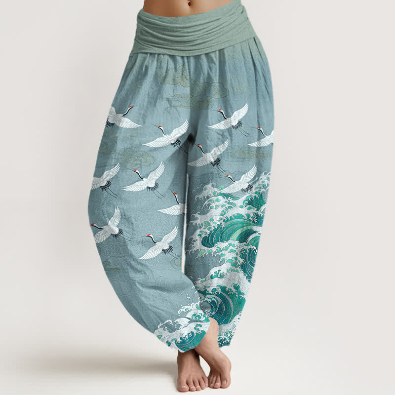 Buddha Stones Pantaloni harem da donna in cotone bianco con motivo a onde marine e gru, con elastico in vita. - Turchese medio - US16, UK/AU20, EU48 (3XL) - image 8