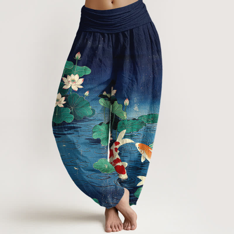 Buddha Stones Pantaloni harem da donna in cotone con motivo a loto e carpe koi in fiore, con elastico in vita. - Marina - US16, UK/AU20, EU48 (3XL) - image 0