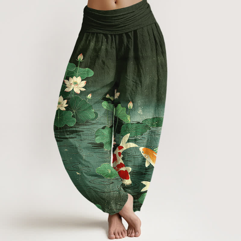Buddha Stones Pantaloni harem da donna in cotone con motivo a loto e carpe koi in fiore, con elastico in vita. - Verde scuro - US16, UK/AU20, EU48 (3XL) - image 5
