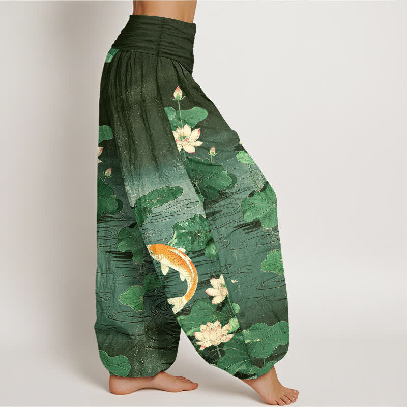 Buddha Stones Pantaloni harem da donna in cotone con motivo a loto e carpe koi in fiore, con elastico in vita. - image 6