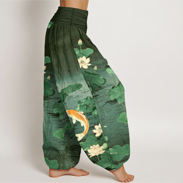 Buddha Stones Pantaloni harem da donna in cotone con motivo a loto e carpe koi in fiore, con elastico in vita. - image 6
