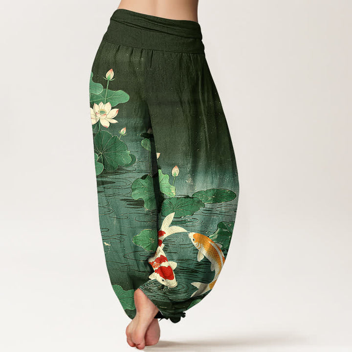 Buddha Stones Pantaloni harem da donna in cotone con motivo a loto e carpe koi in fiore, con elastico in vita. - image 7