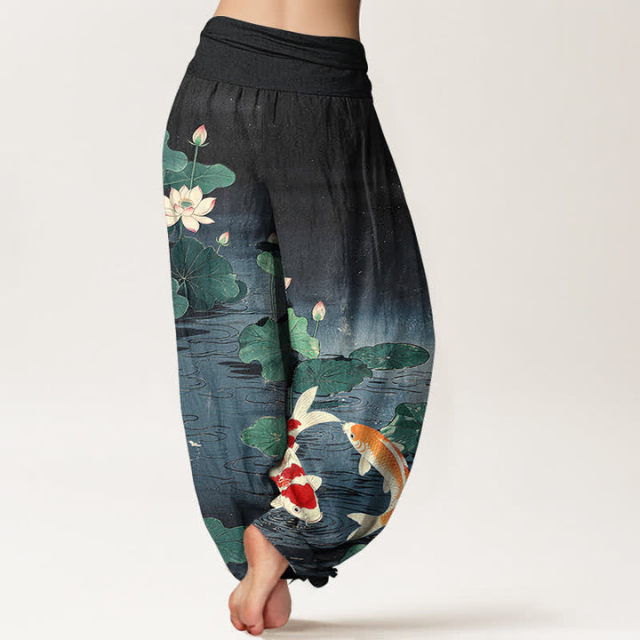 Buddha Stones Pantaloni harem da donna in cotone con motivo a loto e carpe koi in fiore, con elastico in vita. - image 10