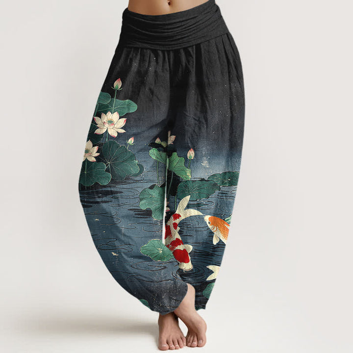 Buddha Stones Pantaloni harem da donna in cotone con motivo a loto e carpe koi in fiore, con elastico in vita. - Nero - US16, UK/AU20, EU48 (3XL) - image 8