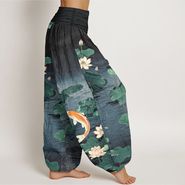 Buddha Stones Pantaloni harem da donna in cotone con motivo a loto e carpe koi in fiore, con elastico in vita. - image 9