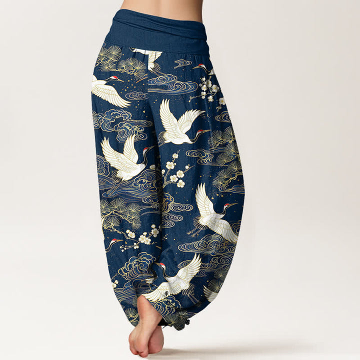 Buddha Stones Pantaloni harem da donna in cotone con motivo floreale e gru orientali, vita elasticizzata. - image 2