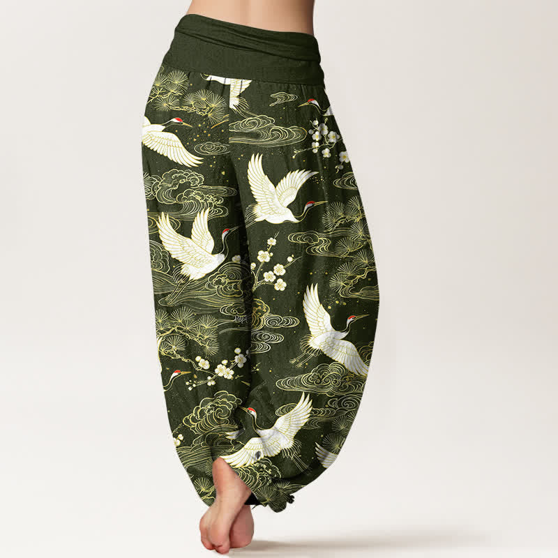 Buddha Stones Pantaloni harem da donna in cotone con motivo floreale e gru orientali, vita elasticizzata. - image 7