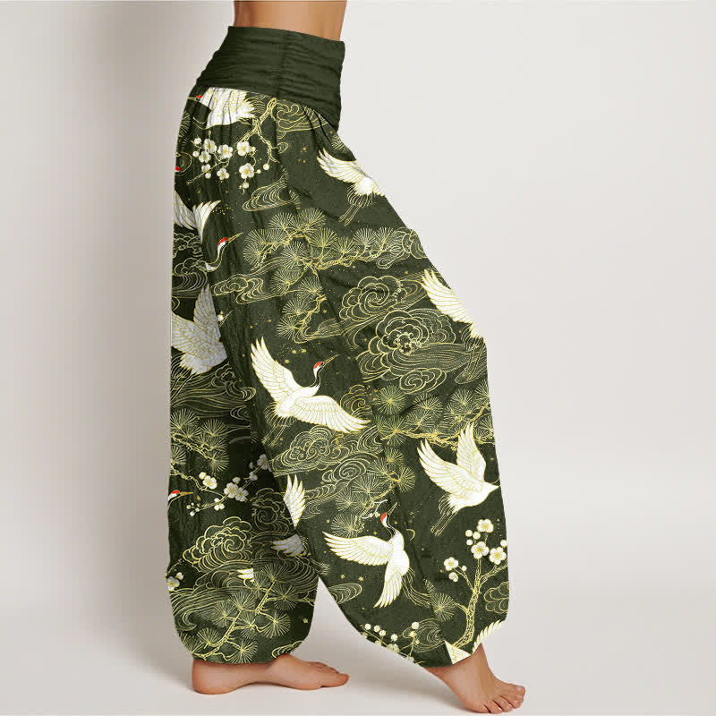 Buddha Stones Pantaloni harem da donna in cotone con motivo floreale e gru orientali, vita elasticizzata. - image 6