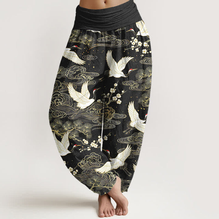Buddha Stones Pantaloni harem da donna in cotone con motivo floreale e gru orientali, vita elasticizzata. - Nero - US16, UK/AU20, EU48 (3XL) - image 8
