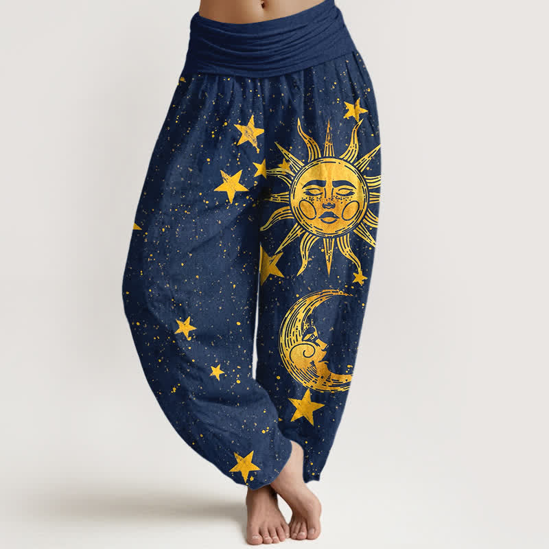 Buddha Stones Pantaloni harem da donna in cotone con motivo sole dorato e stelle, con elastico in vita. - Marina - US16, UK/AU20, EU48 (3XL) - image 0