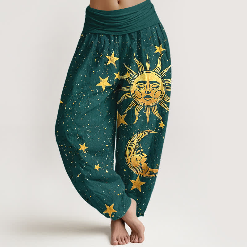 Buddha Stones Pantaloni harem da donna in cotone con motivo sole dorato e stelle, con elastico in vita. - Verde acqua - US16, UK/AU20, EU48 (3XL) - image 5