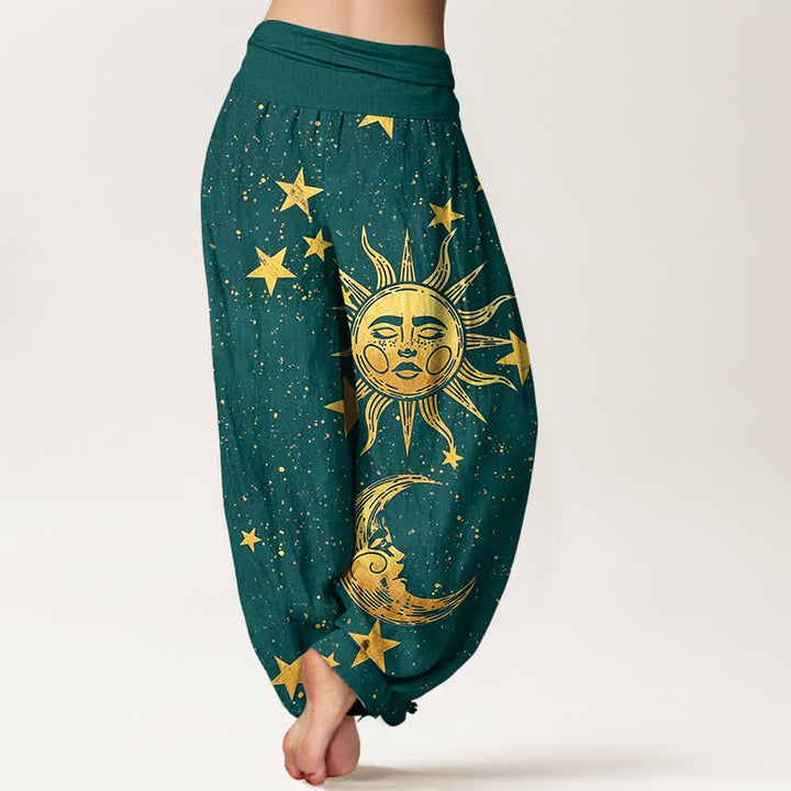 Buddha Stones Pantaloni harem da donna in cotone con motivo sole dorato e stelle, con elastico in vita. - image 7