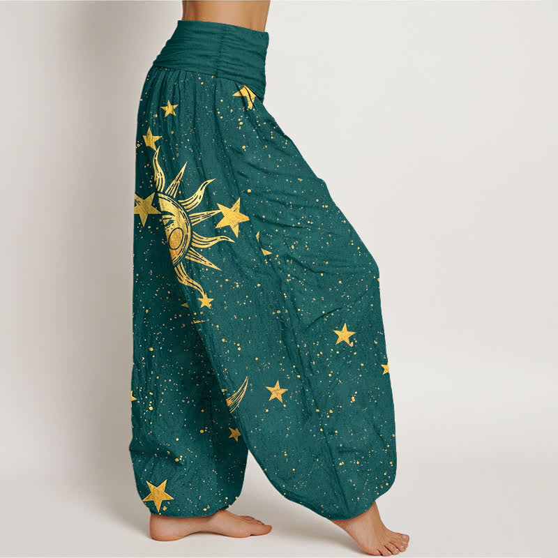 Buddha Stones Pantaloni harem da donna in cotone con motivo sole dorato e stelle, con elastico in vita. - image 6