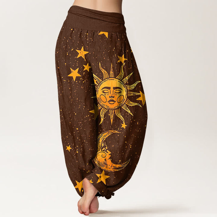 Buddha Stones Pantaloni harem da donna in cotone con motivo sole dorato e stelle, con elastico in vita. - image 10