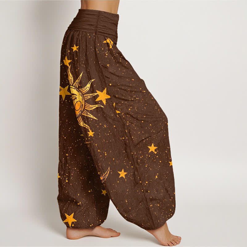 Buddha Stones Pantaloni harem da donna in cotone con motivo sole dorato e stelle, con elastico in vita. - image 9