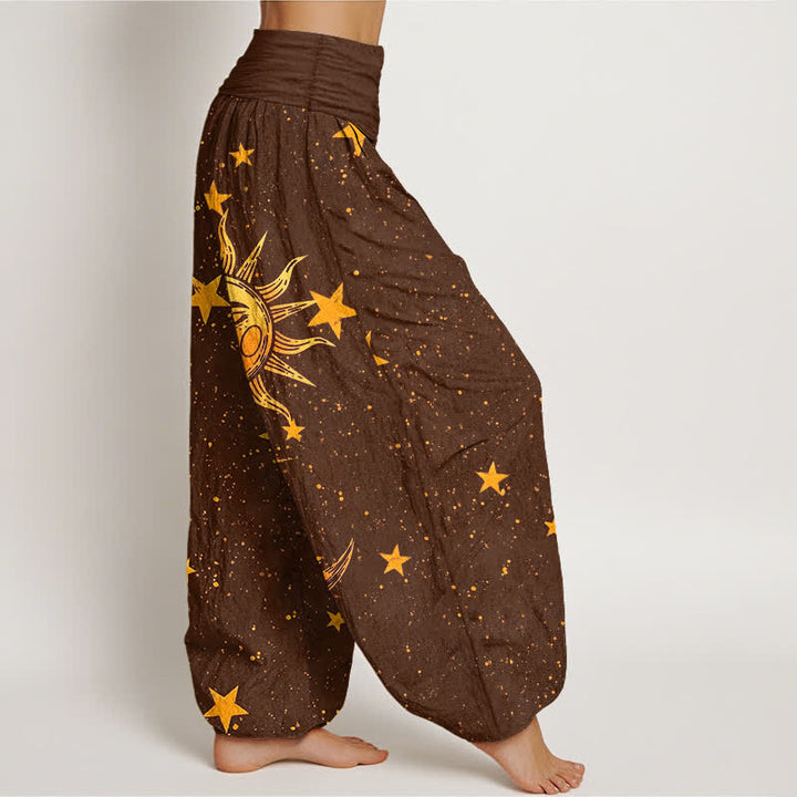 Buddha Stones Pantaloni harem da donna in cotone con motivo sole dorato e stelle, con elastico in vita. - image 9