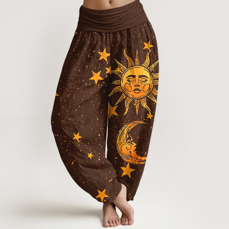 Buddha Stones Pantaloni harem da donna in cotone con motivo sole dorato e stelle, con elastico in vita. - Marrone sella - US16, UK/AU20, EU48 (3XL) - image 8