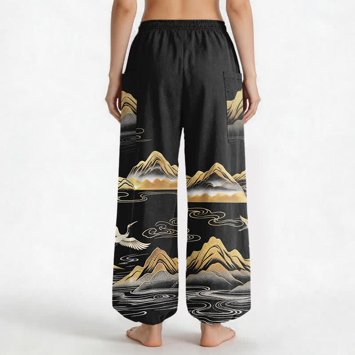 Buddha Stones Pantaloni harem da donna in cotone con elastico in vita e motivo a gru, con stampa paesaggistica serena, e tasche laterali. - image 2