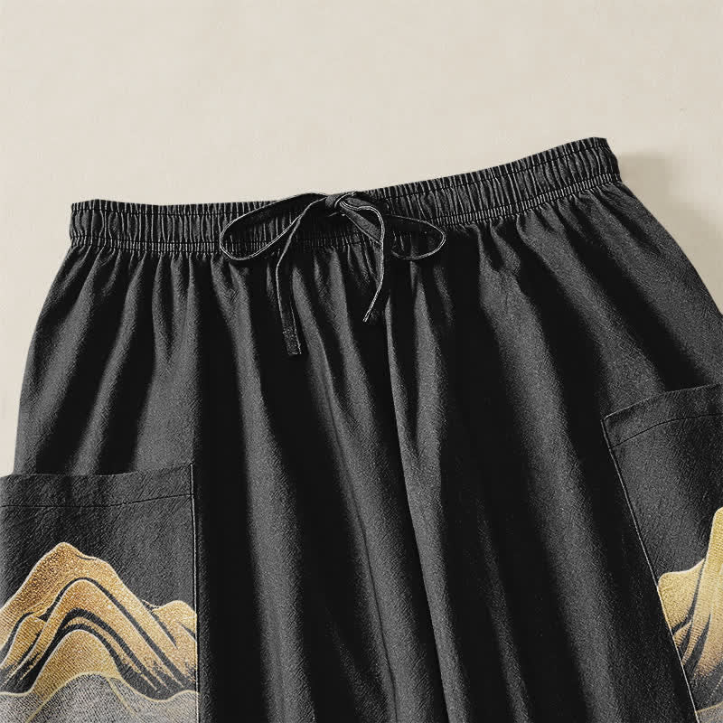 Buddha Stones Pantaloni harem da donna in cotone con elastico in vita e motivo a gru, con stampa paesaggistica serena, e tasche laterali. - image 5