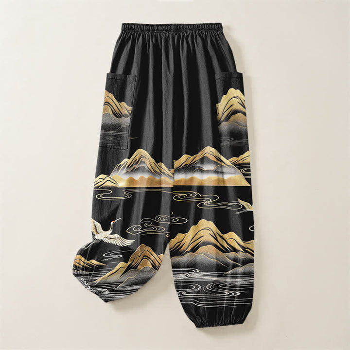 Buddha Stones Pantaloni harem da donna in cotone con elastico in vita e motivo a gru, con stampa paesaggistica serena, e tasche laterali. - image 4
