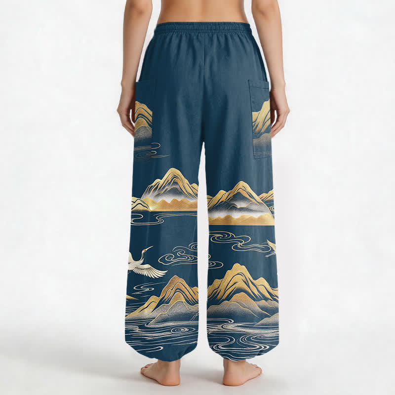 Buddha Stones Pantaloni harem da donna in cotone con elastico in vita e motivo a gru, con stampa paesaggistica serena, e tasche laterali. - image 9