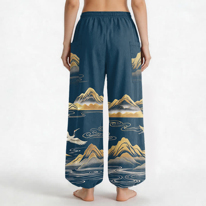 Buddha Stones Pantaloni harem da donna in cotone con elastico in vita e motivo a gru, con stampa paesaggistica serena, e tasche laterali. - image 9