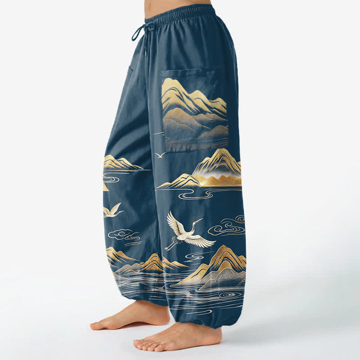 Buddha Stones Pantaloni harem da donna in cotone con elastico in vita e motivo a gru, con stampa paesaggistica serena, e tasche laterali. - image 8