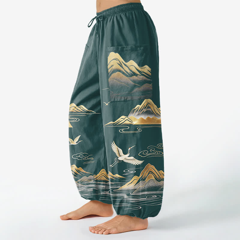 Buddha Stones Pantaloni harem da donna in cotone con elastico in vita e motivo a gru, con stampa paesaggistica serena, e tasche laterali. - image 11